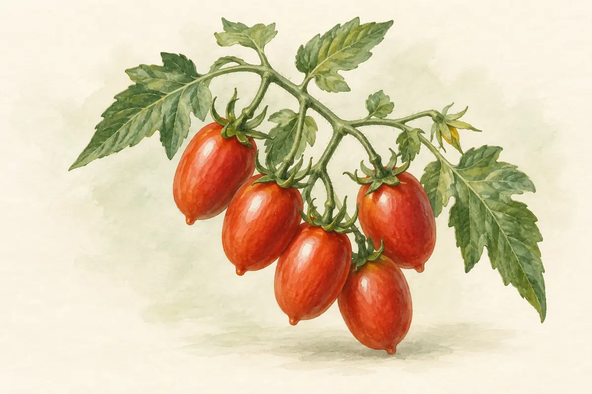 Small red Principe Borghese plum tomatoes on a leafy stem.