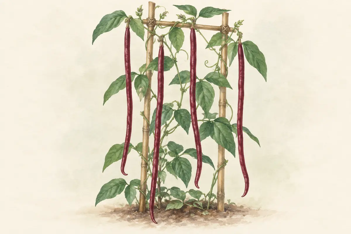 Long burgundy Red Noodle pods hanging from a supported vine.