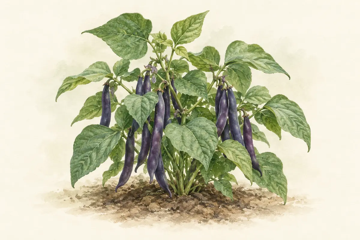 A compact Royal Burgundy bush bean plant with purple pods.
