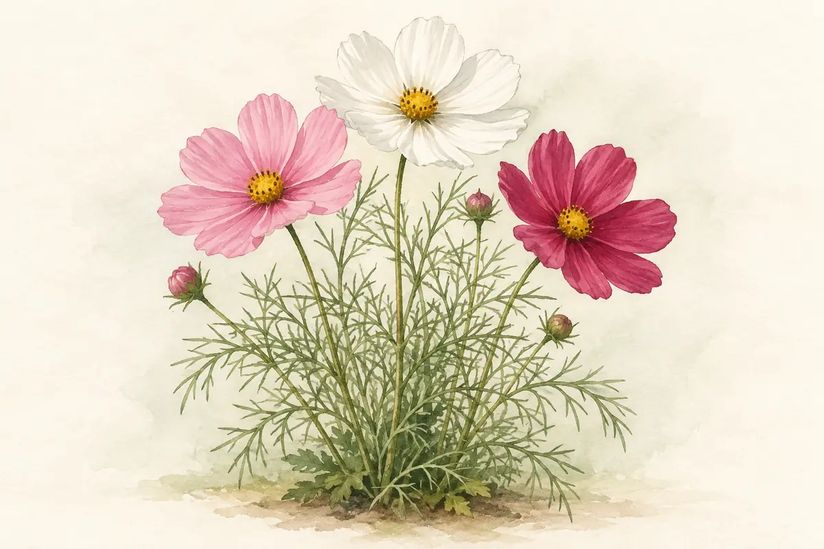 Pink, white, and rose Sensation cosmos with airy foliage.