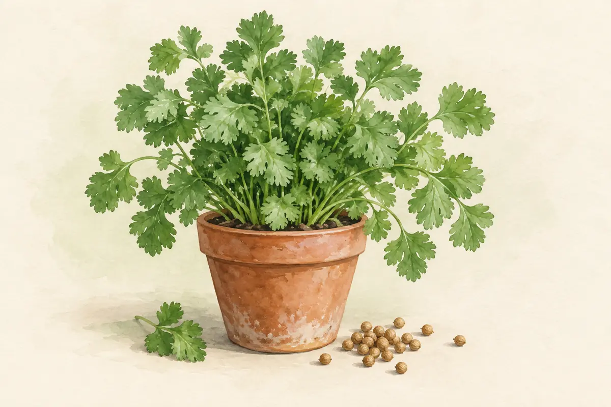 Leafy cilantro beside a few round coriander seeds.