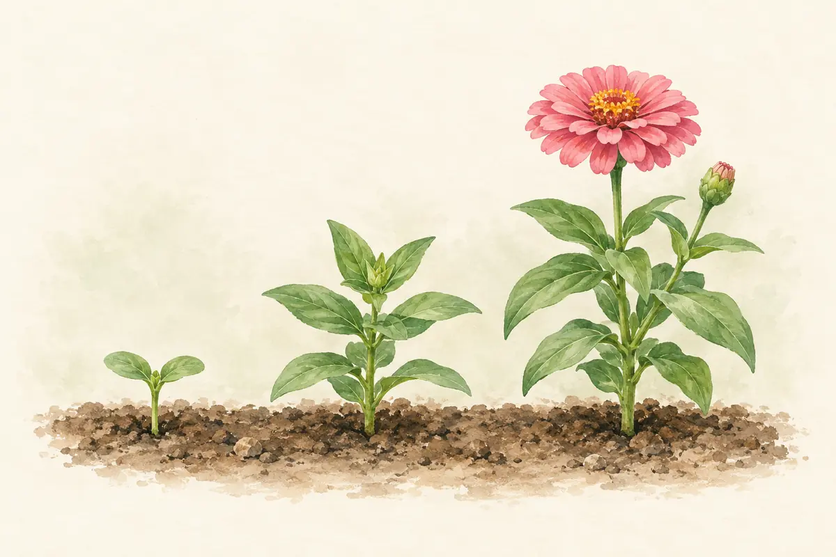 Zinnias at seedling, leafy, and flowering stages.