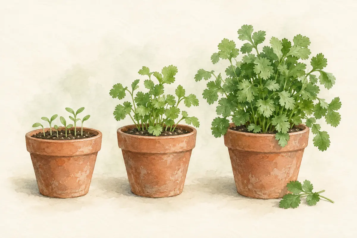 Cilantro plants at three growth stages in small pots.