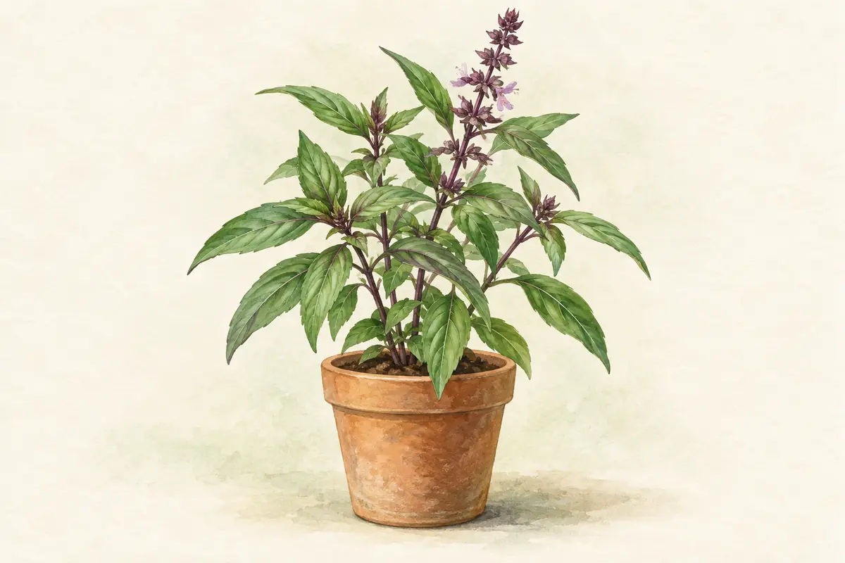 Thai basil with green pointed leaves and purple stems.