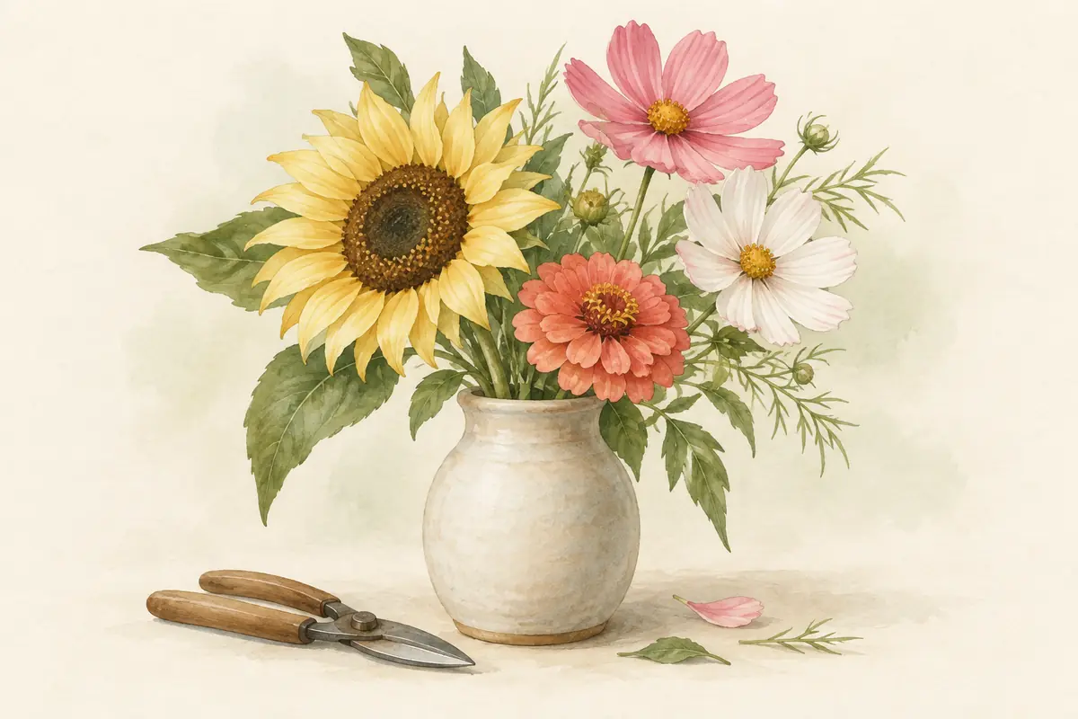 A small garden flower bouquet beside harvest snips.