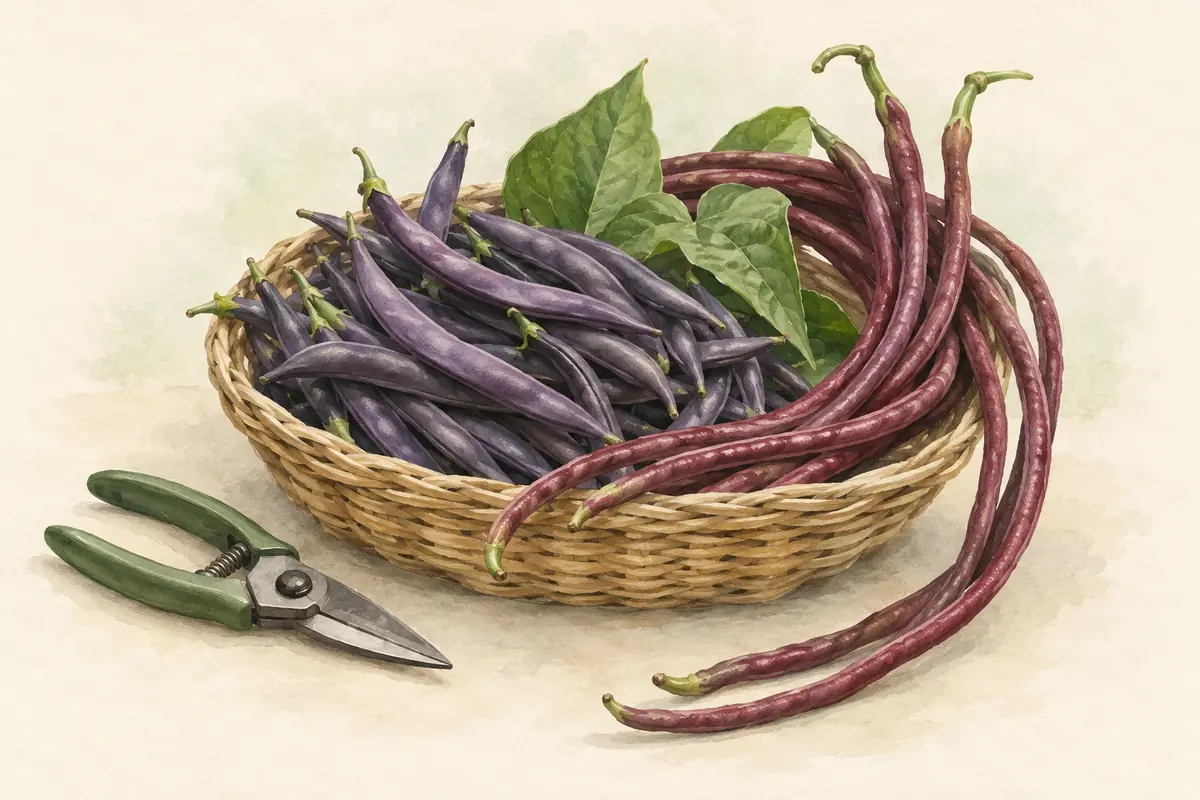 Fresh purple snap beans and burgundy yardlong beans beside garden snips.