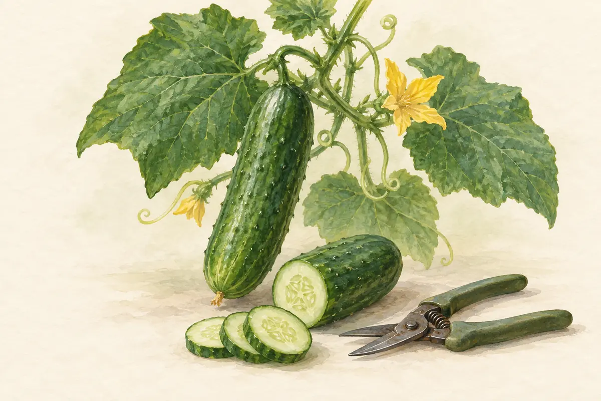 A cucumber ready for harvest beside a picked fruit and snips.