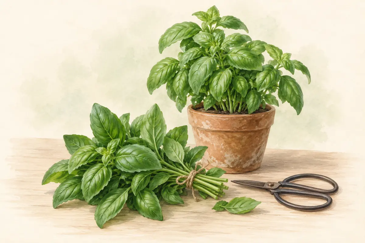 Fresh basil sprigs beside a small plant and harvest scissors.
