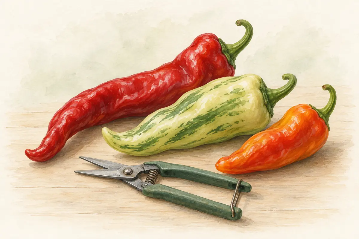 Harvested sweet and Fish peppers beside closed snips.