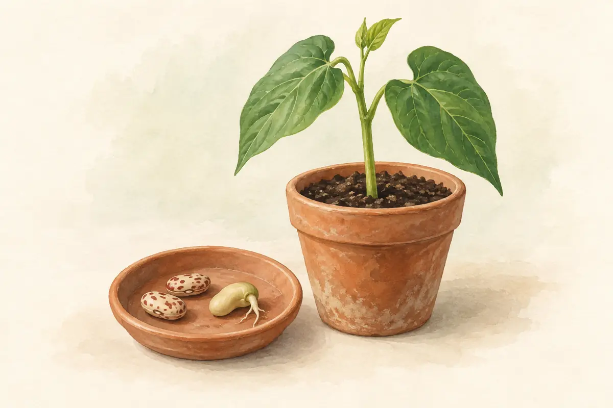 Bean seeds at different germination stages beside a seedling.
