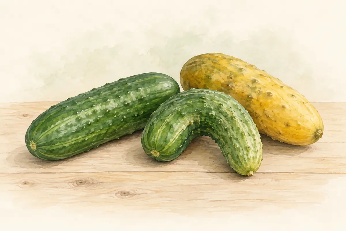 Green, curved, and overmature yellow cucumbers on a pale surface.
