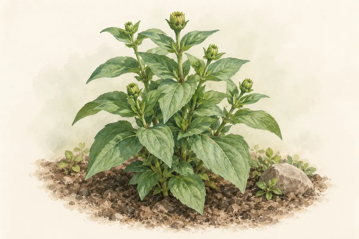 A leafy zinnia plant with buds that have not opened.