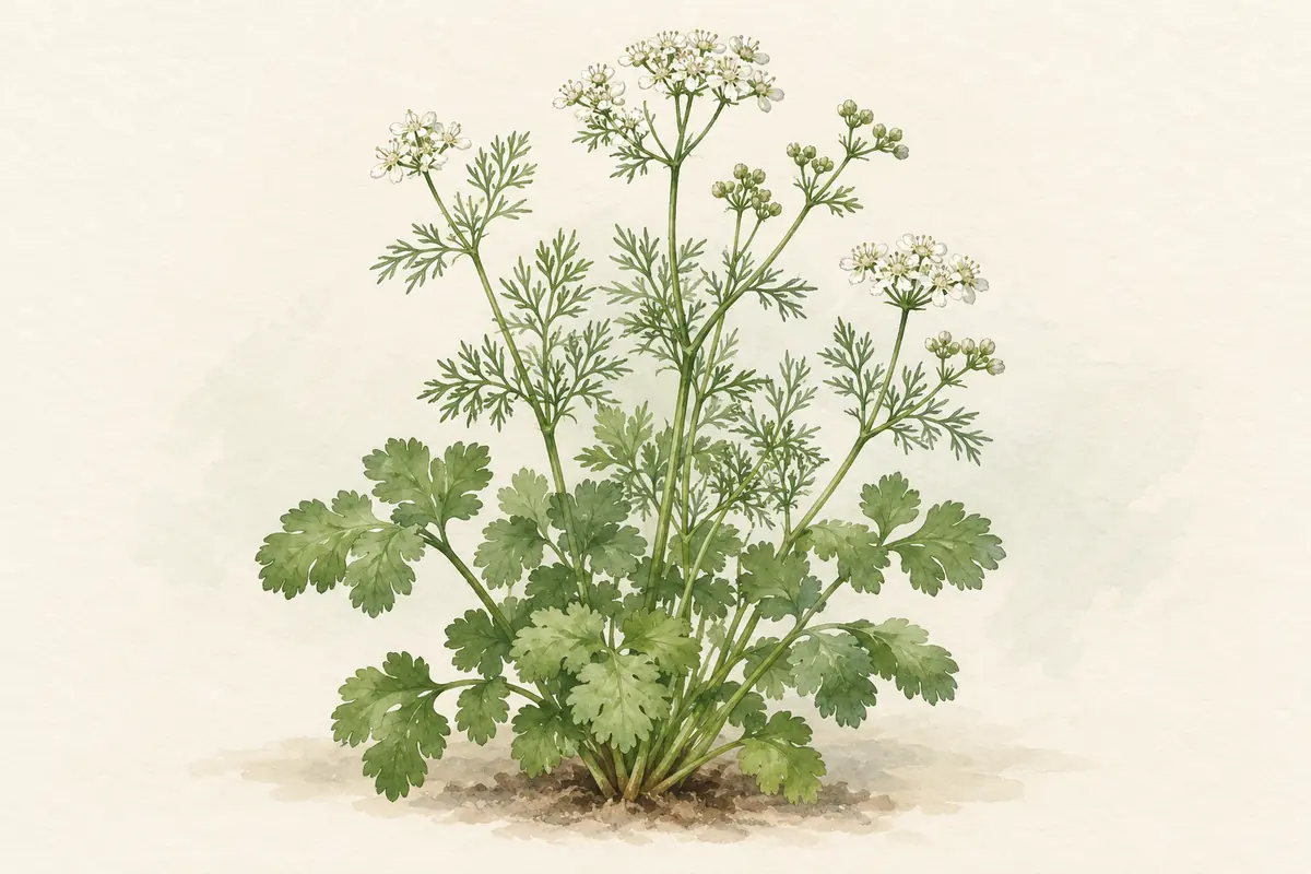 A cilantro plant producing tall stems and delicate white flowers.