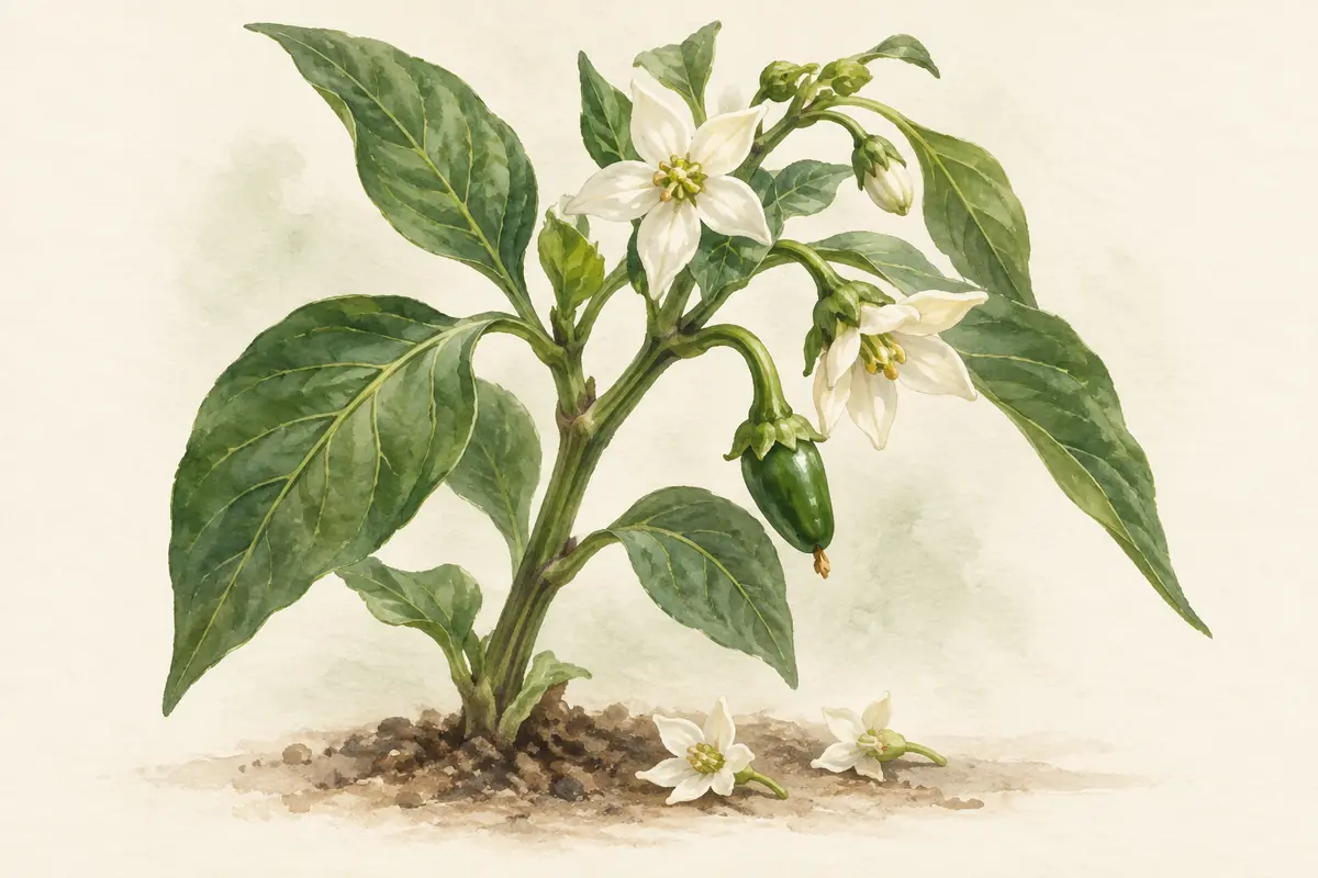 White pepper blossoms and a tiny fruit on a leafy branch.