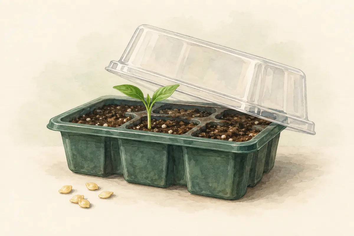A pepper seed tray with one newly emerged seedling.
