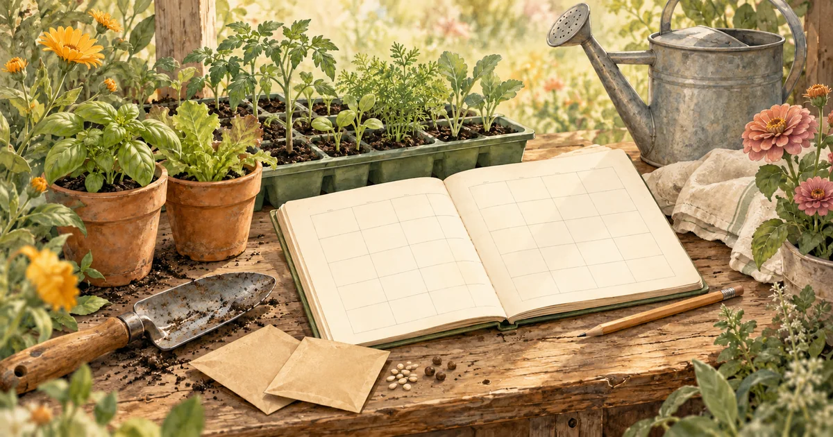 Painterly garden-planning notebook on a wooden potting bench with seedlings, terracotta pots, seed envelopes, flowers, and garden tools.