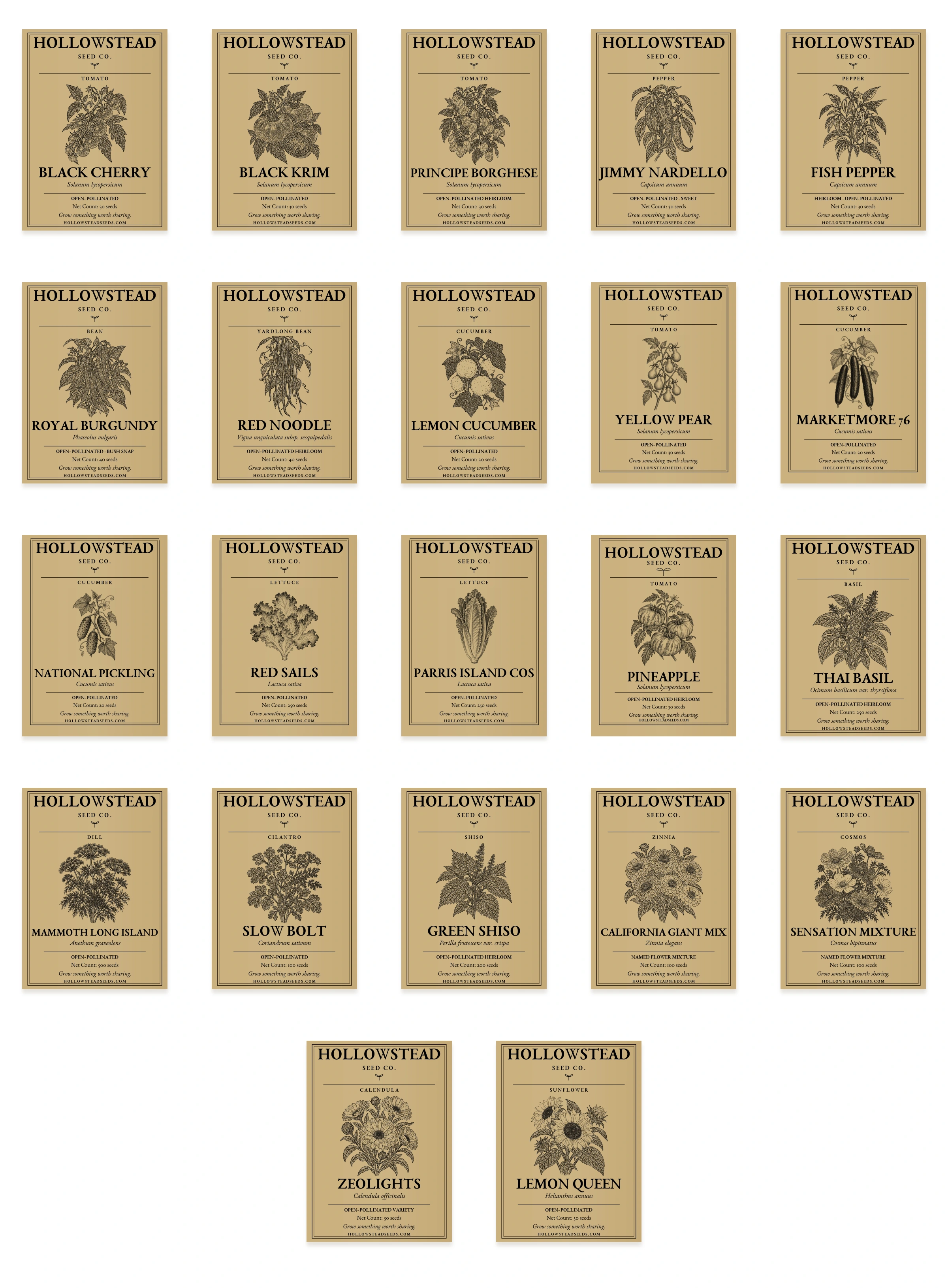 The Complete Hollowstead Collection — all 22 included kraft seed packets