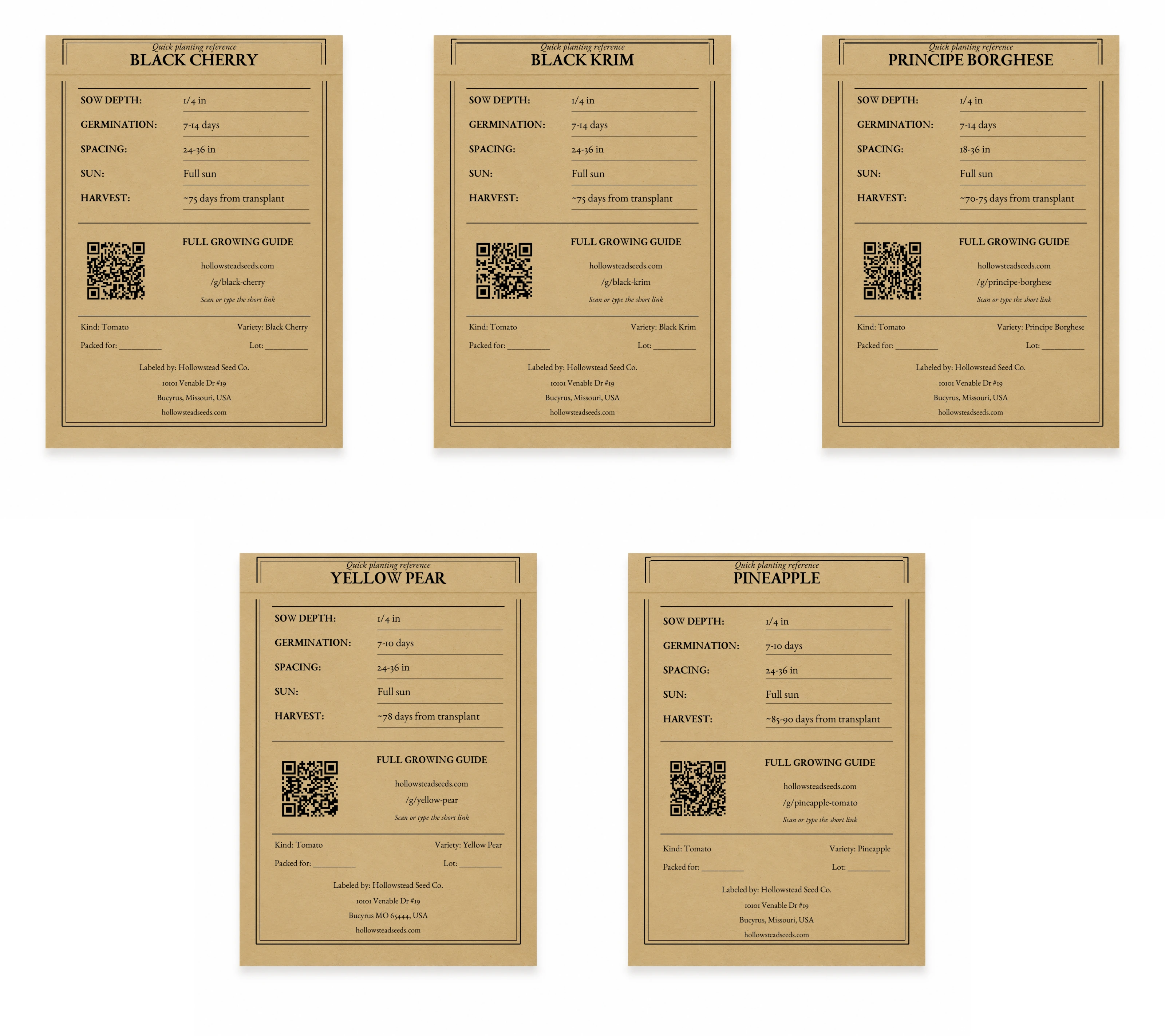 Hollowstead Tomato Collection - kraft back views of all 5 included seed packets