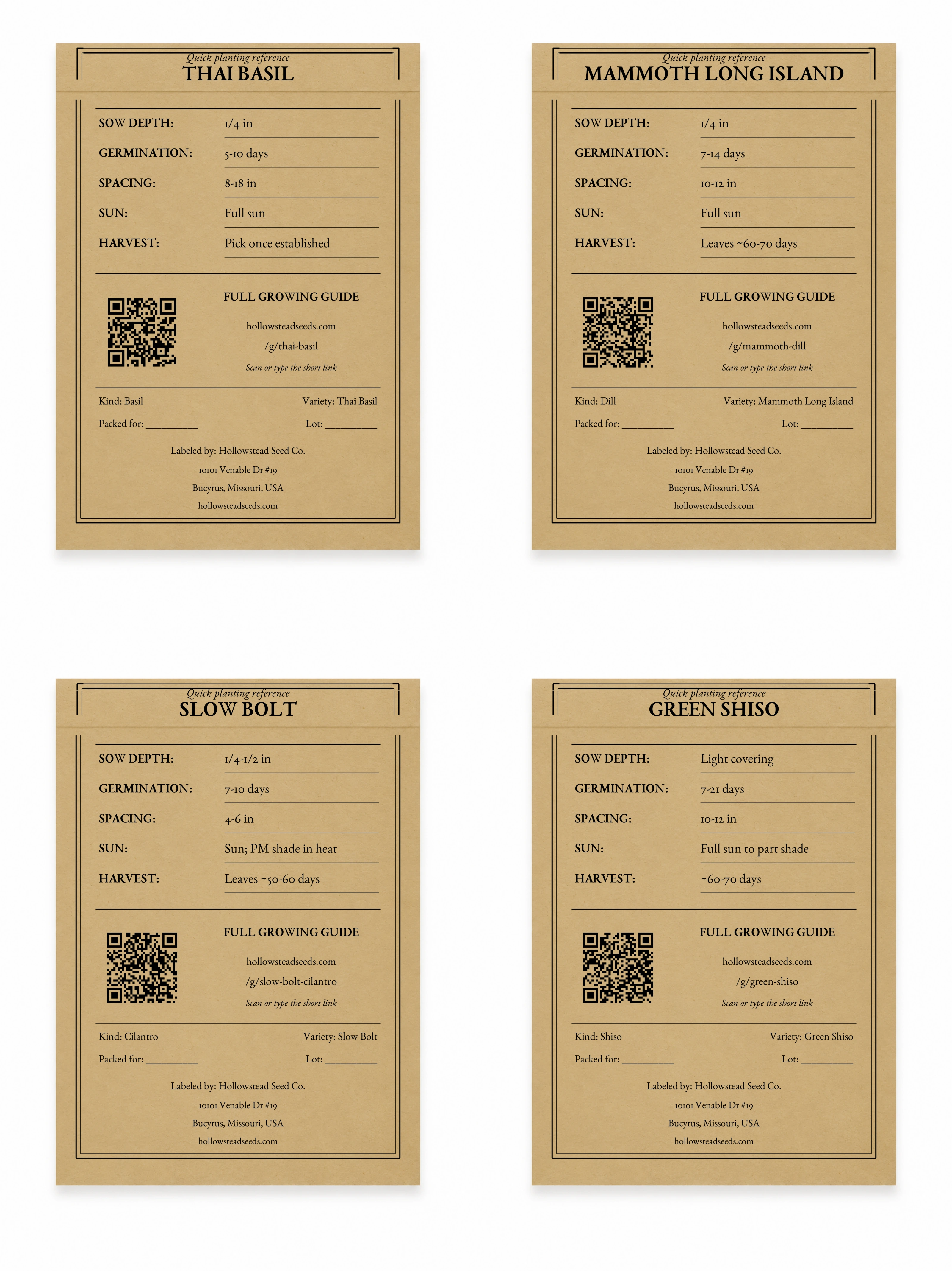 Hollowstead Culinary Herb Collection - kraft back views of all 4 included seed packets