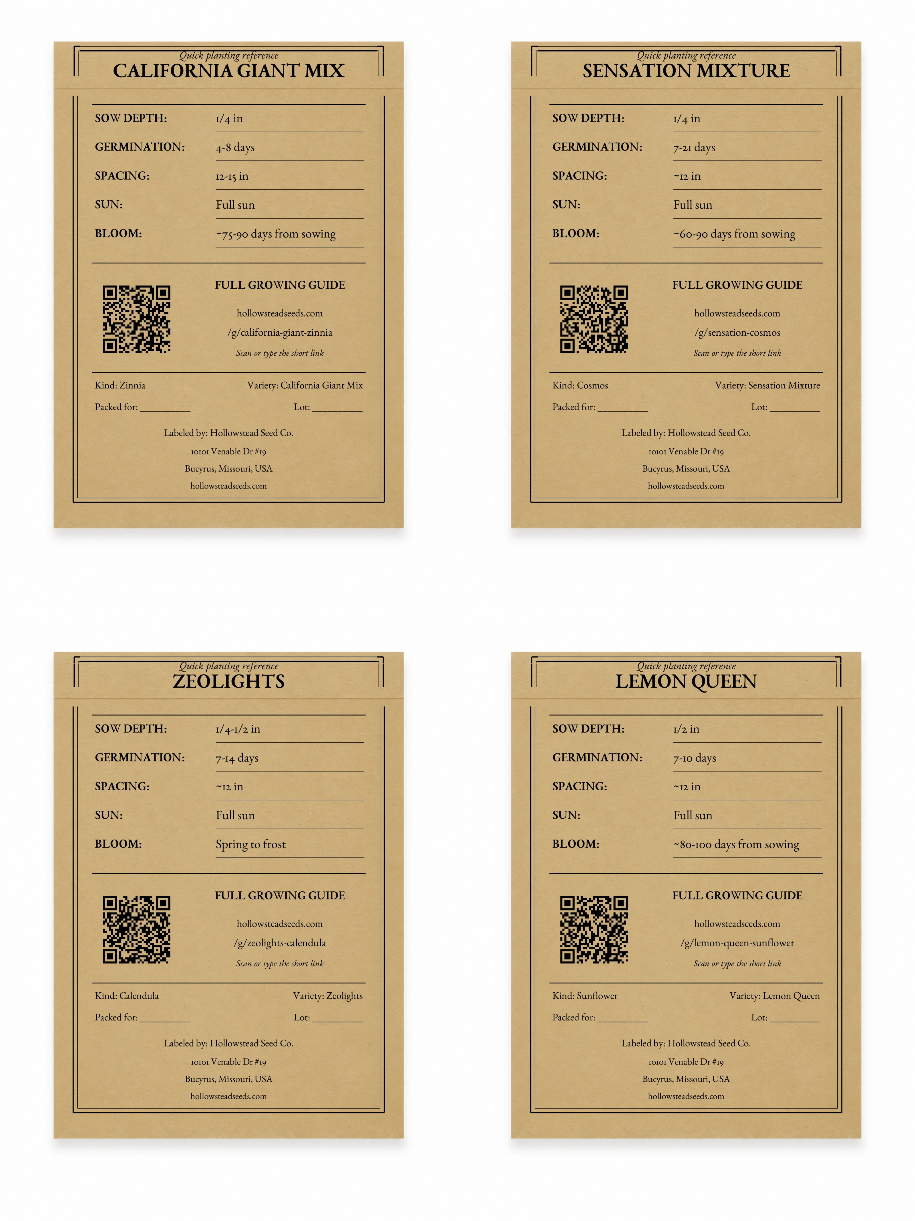 Hollowstead Flower Collection - kraft back views of all 4 included seed packets