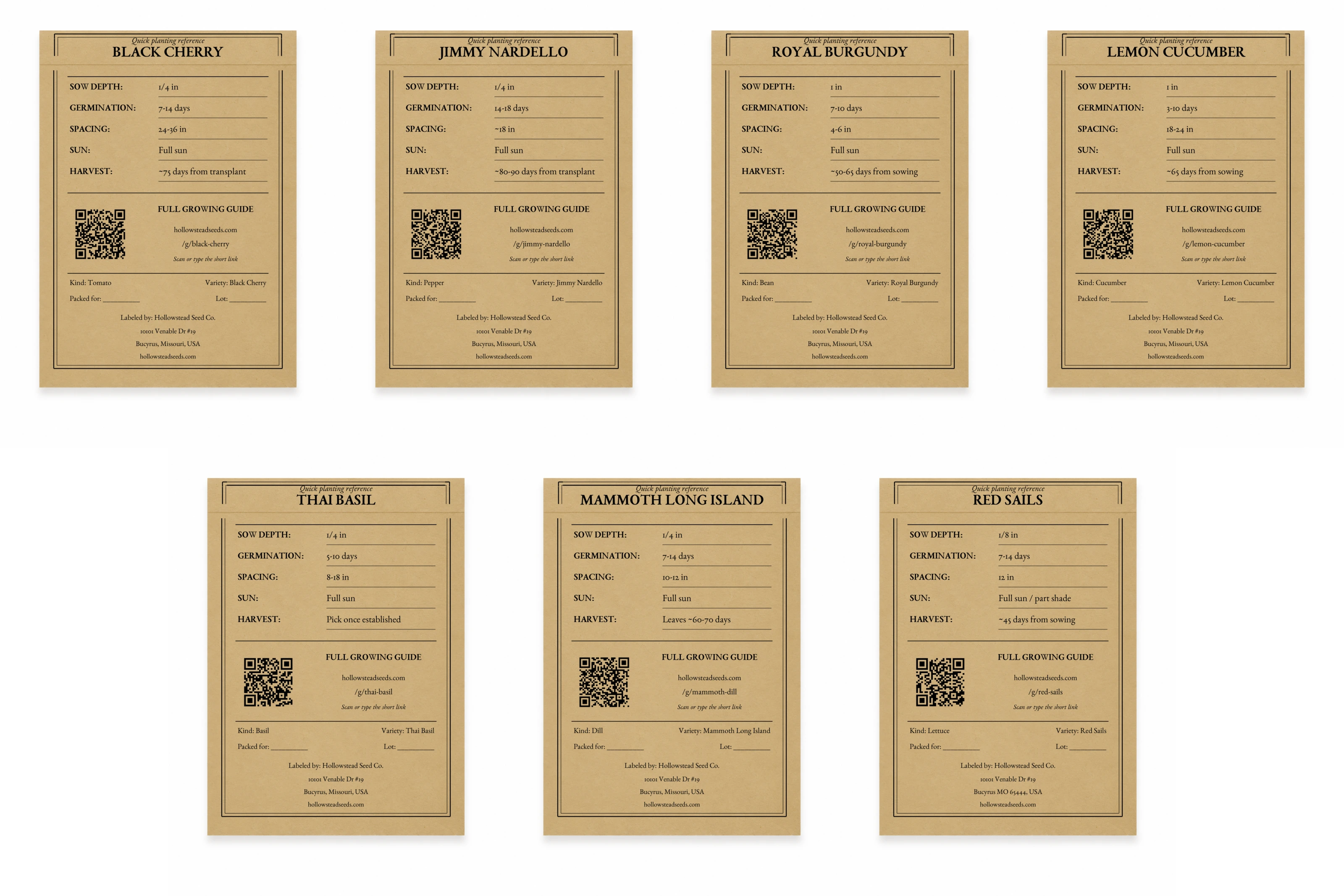 Hollowstead Kitchen Garden Collection - kraft back views of all 7 included seed packets