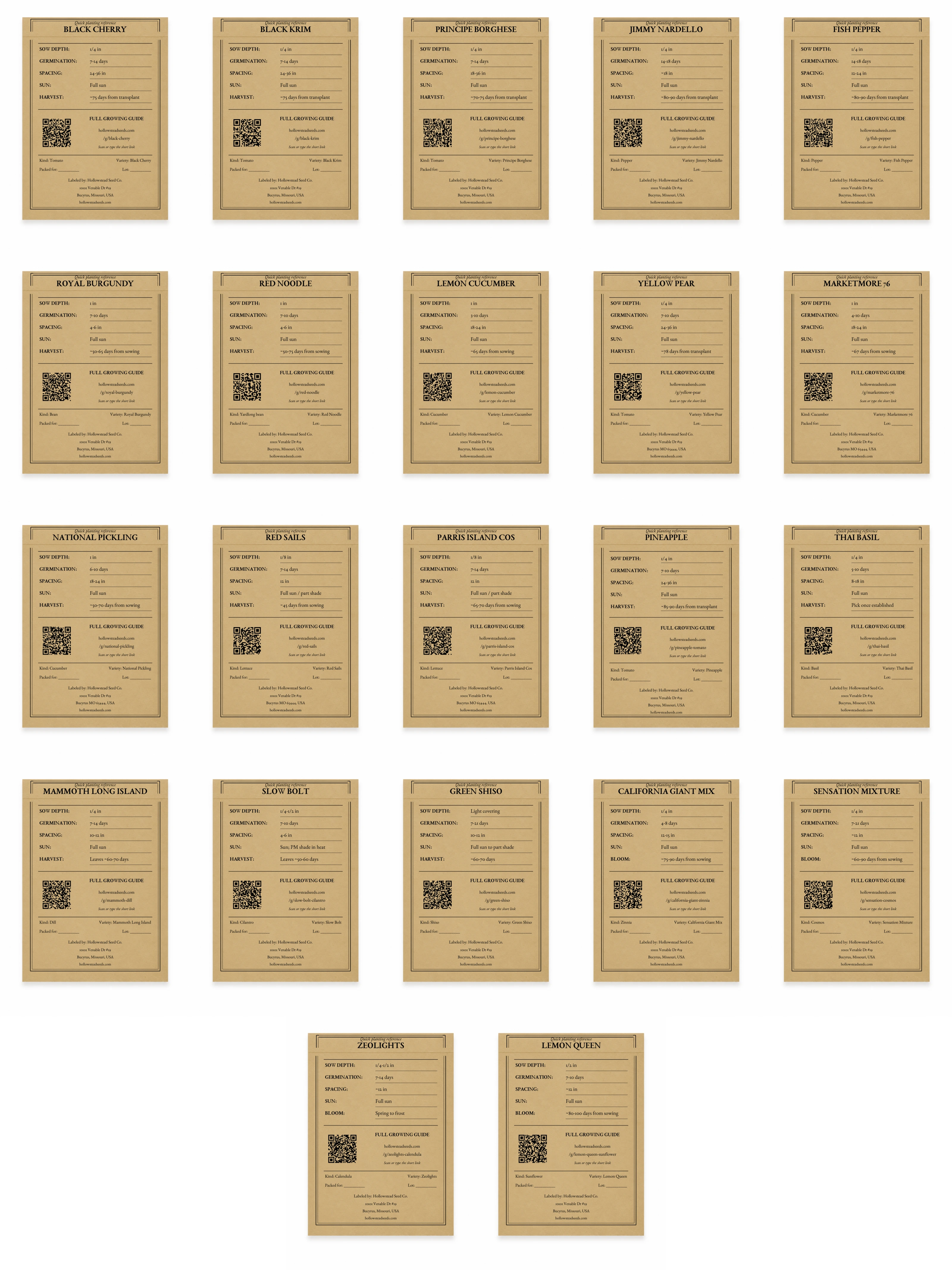 The Complete Hollowstead Collection - kraft back views of all 22 included seed packets