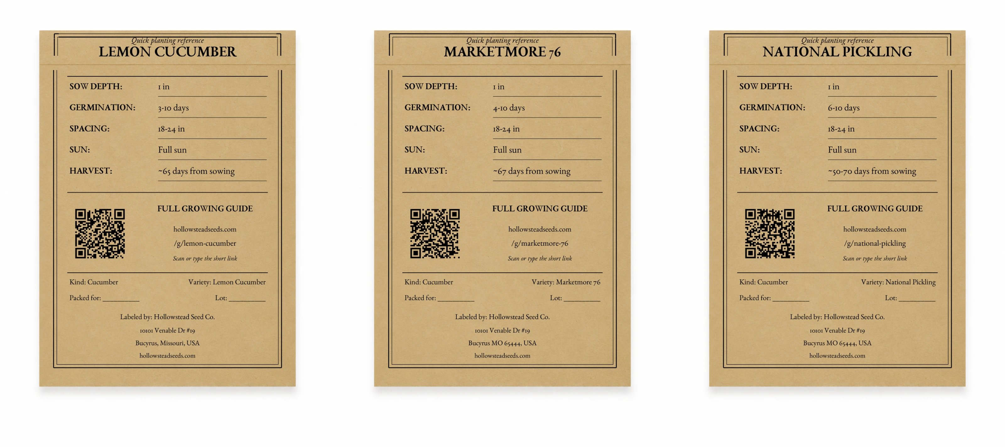 Hollowstead Cucumber Collection - kraft back views of all 3 included seed packets
