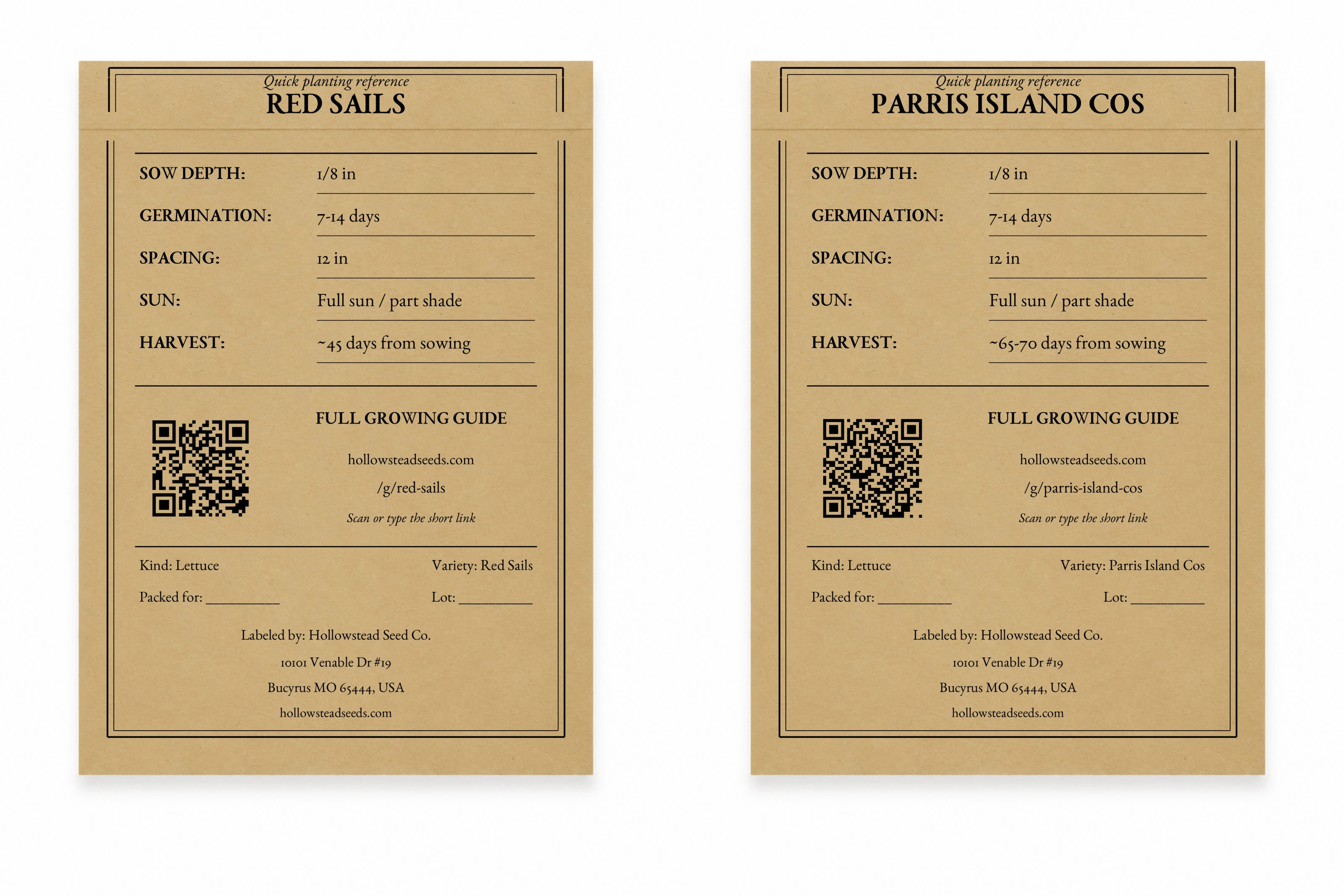Hollowstead Lettuce Duo - kraft back views of all 2 included seed packets