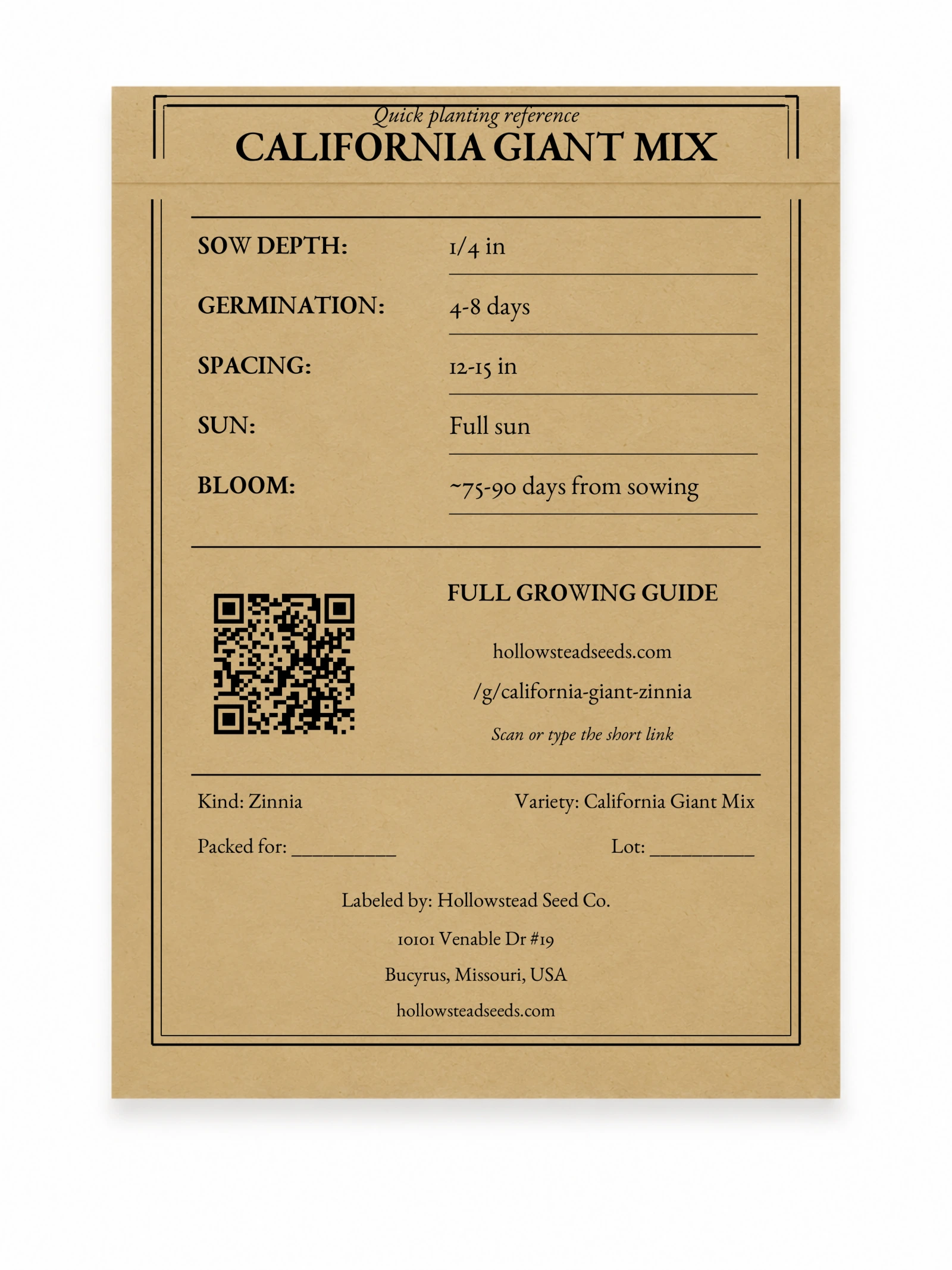 California Giant Mix Zinnia Seeds - kraft packet back with planting instructions and growing-guide QR code