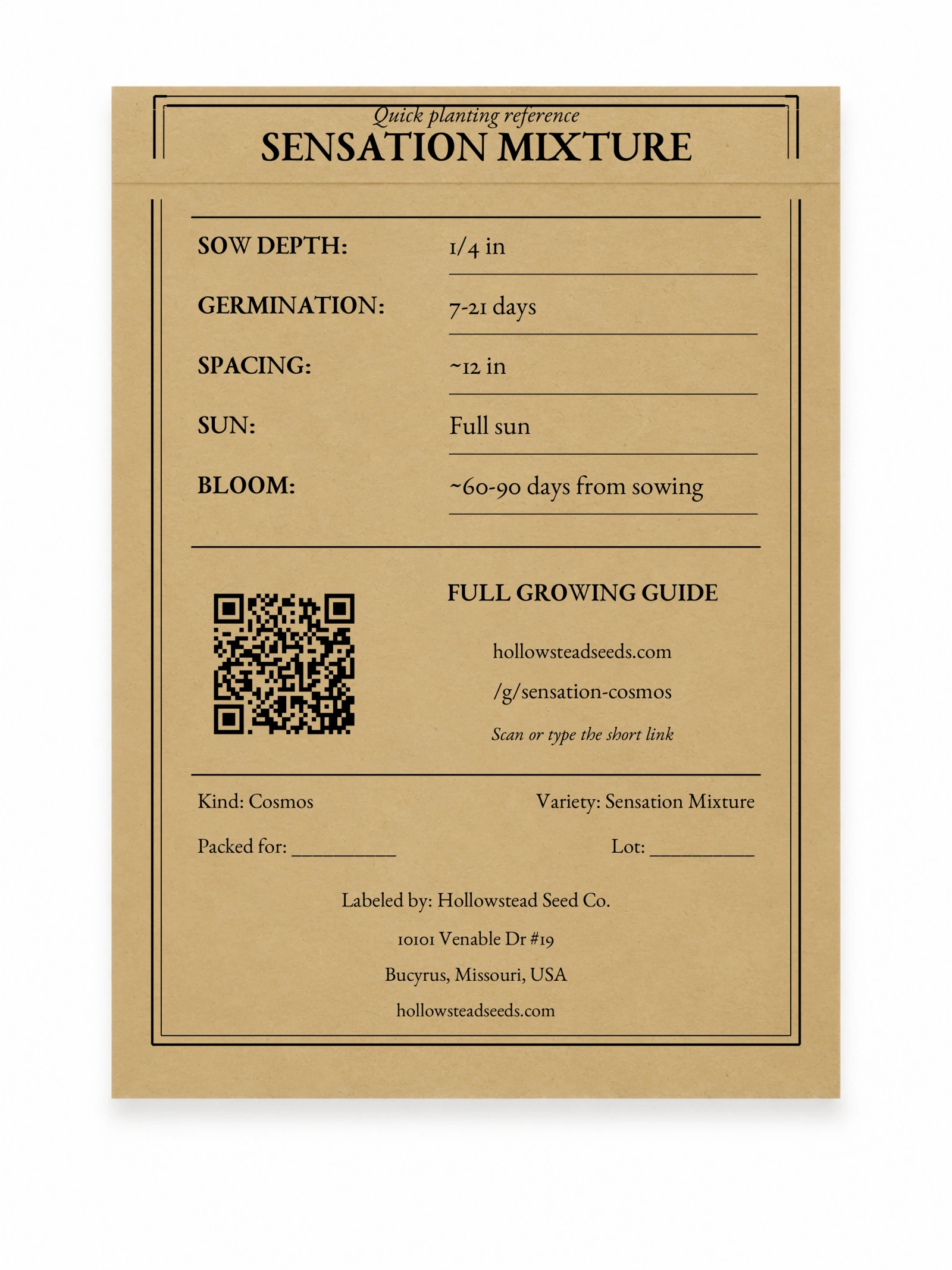 Sensation Mixture Cosmos Seeds - kraft packet back with planting instructions and growing-guide QR code