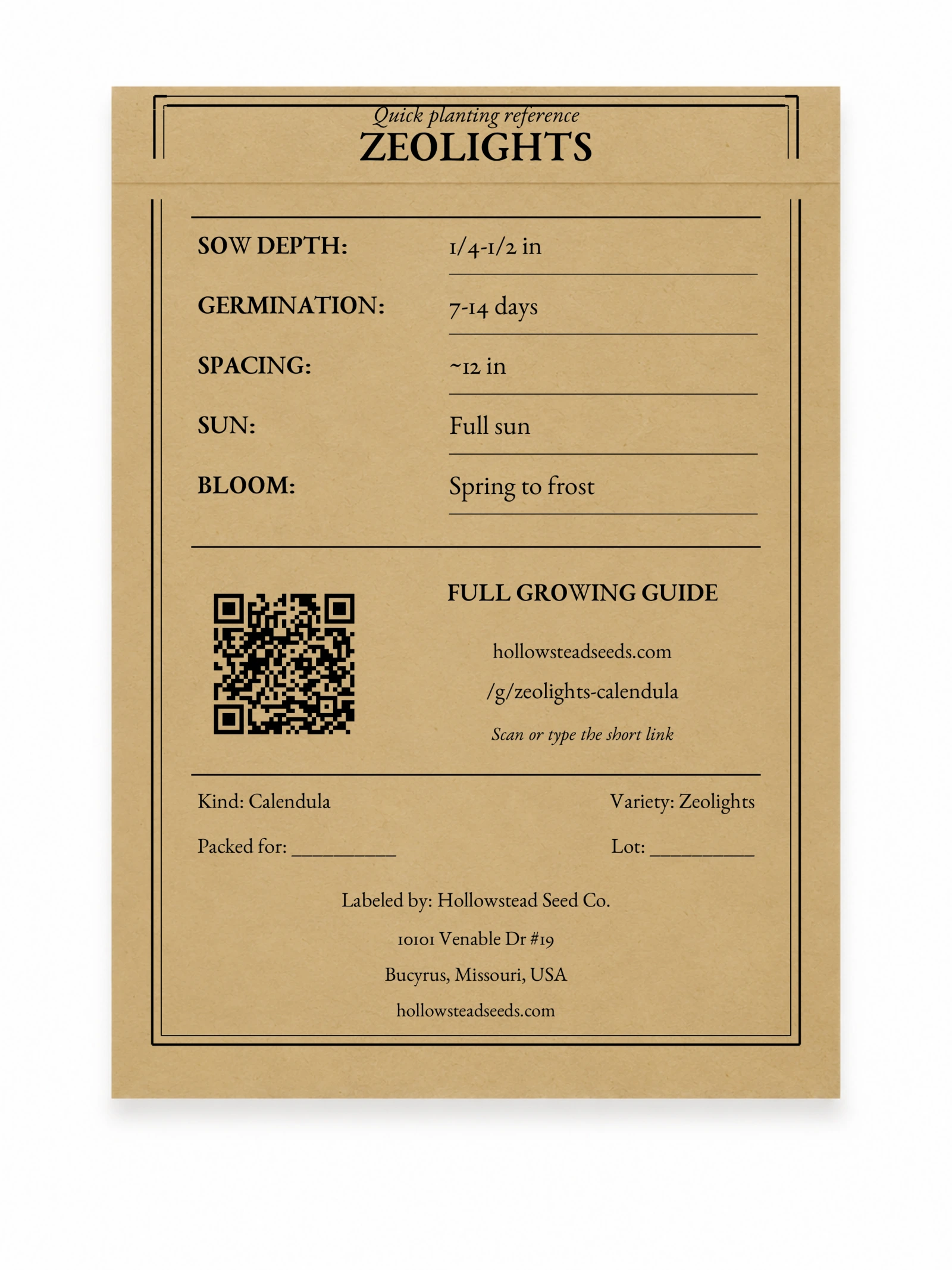 Zeolights Calendula Seeds - kraft packet back with planting instructions and growing-guide QR code