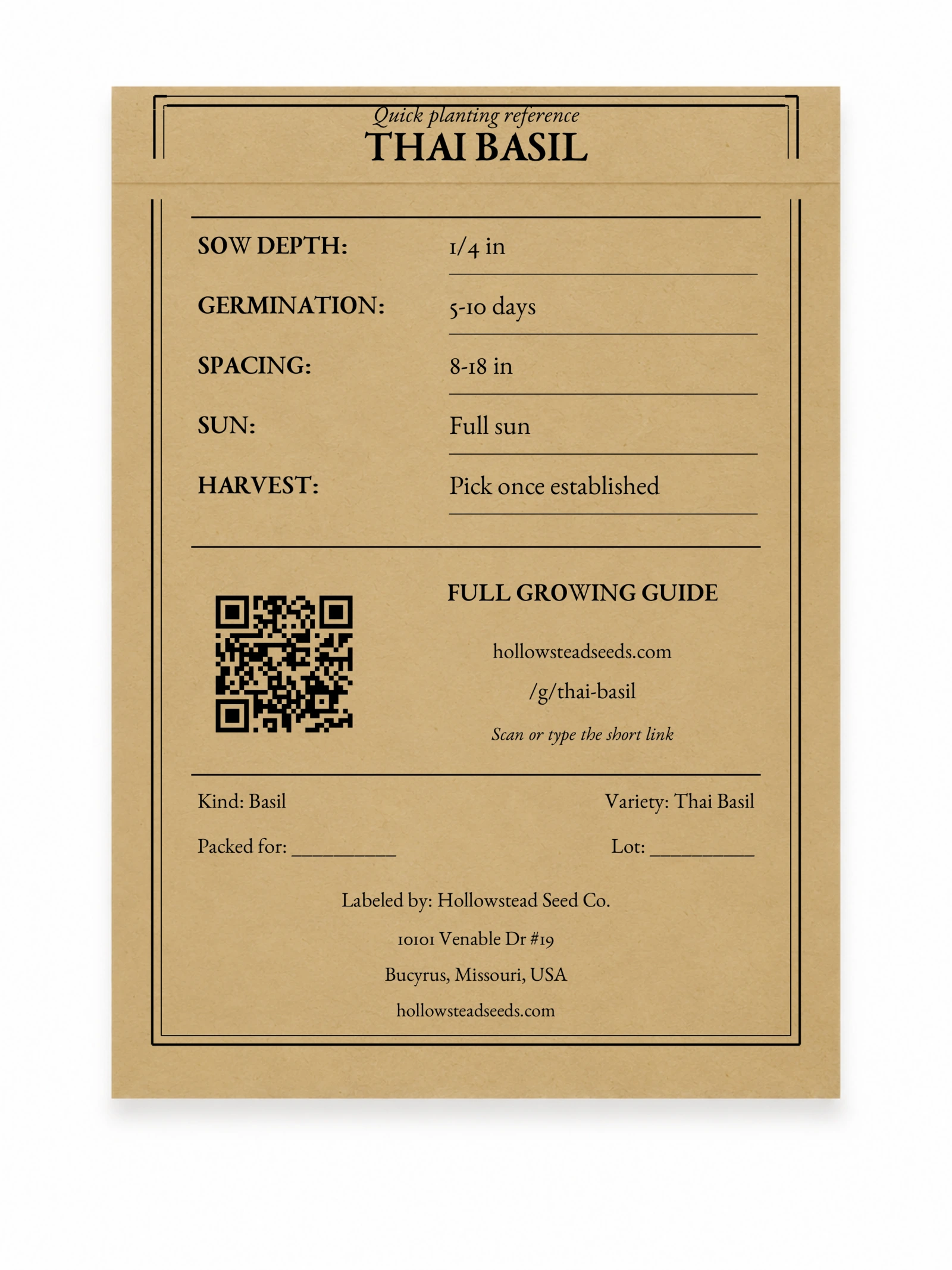 Thai Basil Seeds - kraft packet back with planting instructions and growing-guide QR code