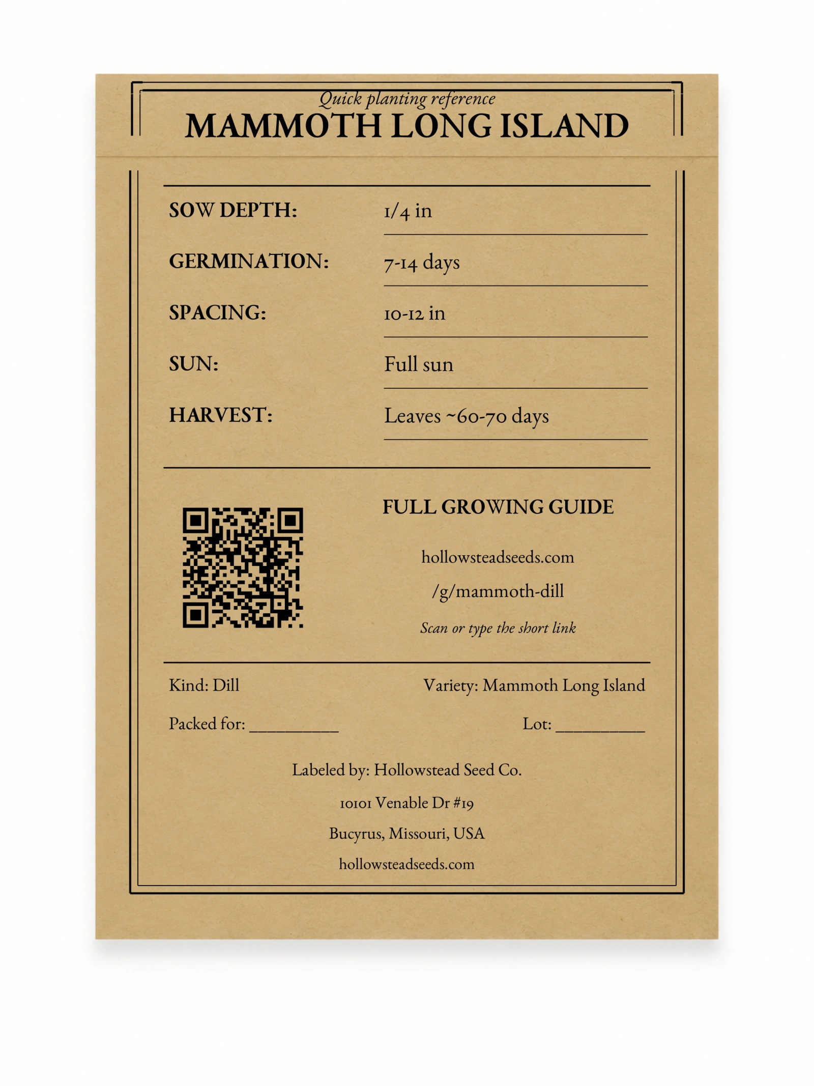 Mammoth Long Island Dill Seeds - kraft packet back with planting instructions and growing-guide QR code