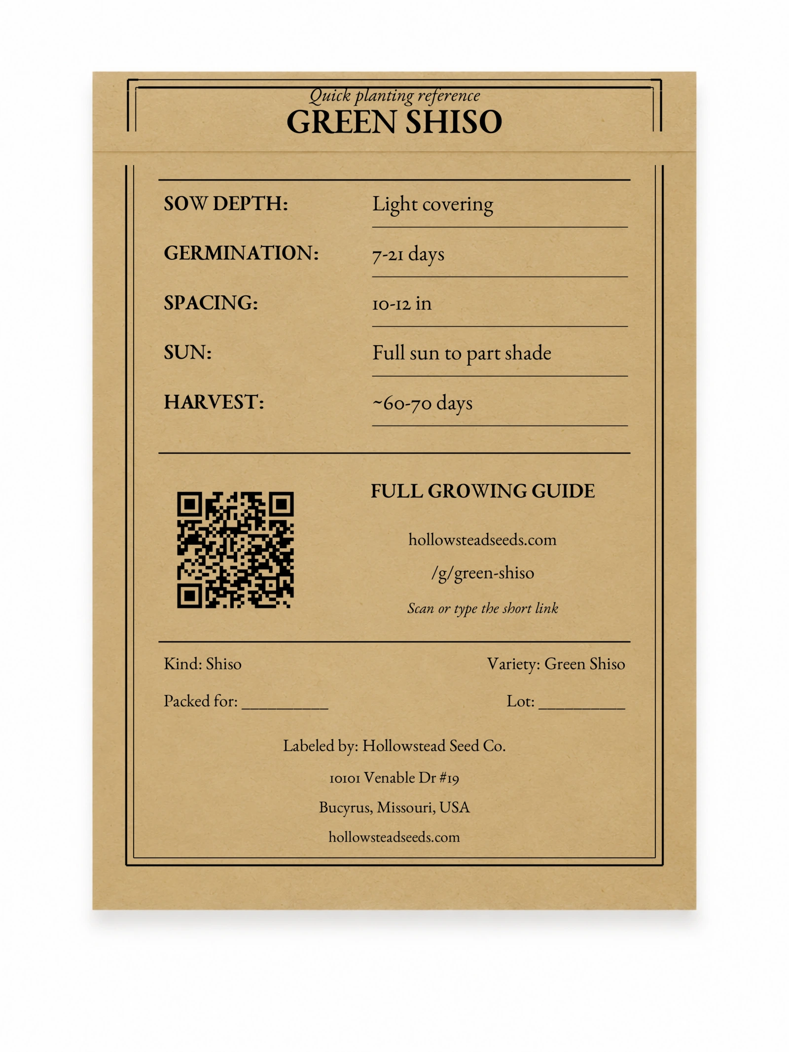 Green Shiso Seeds - kraft packet back with planting instructions and growing-guide QR code