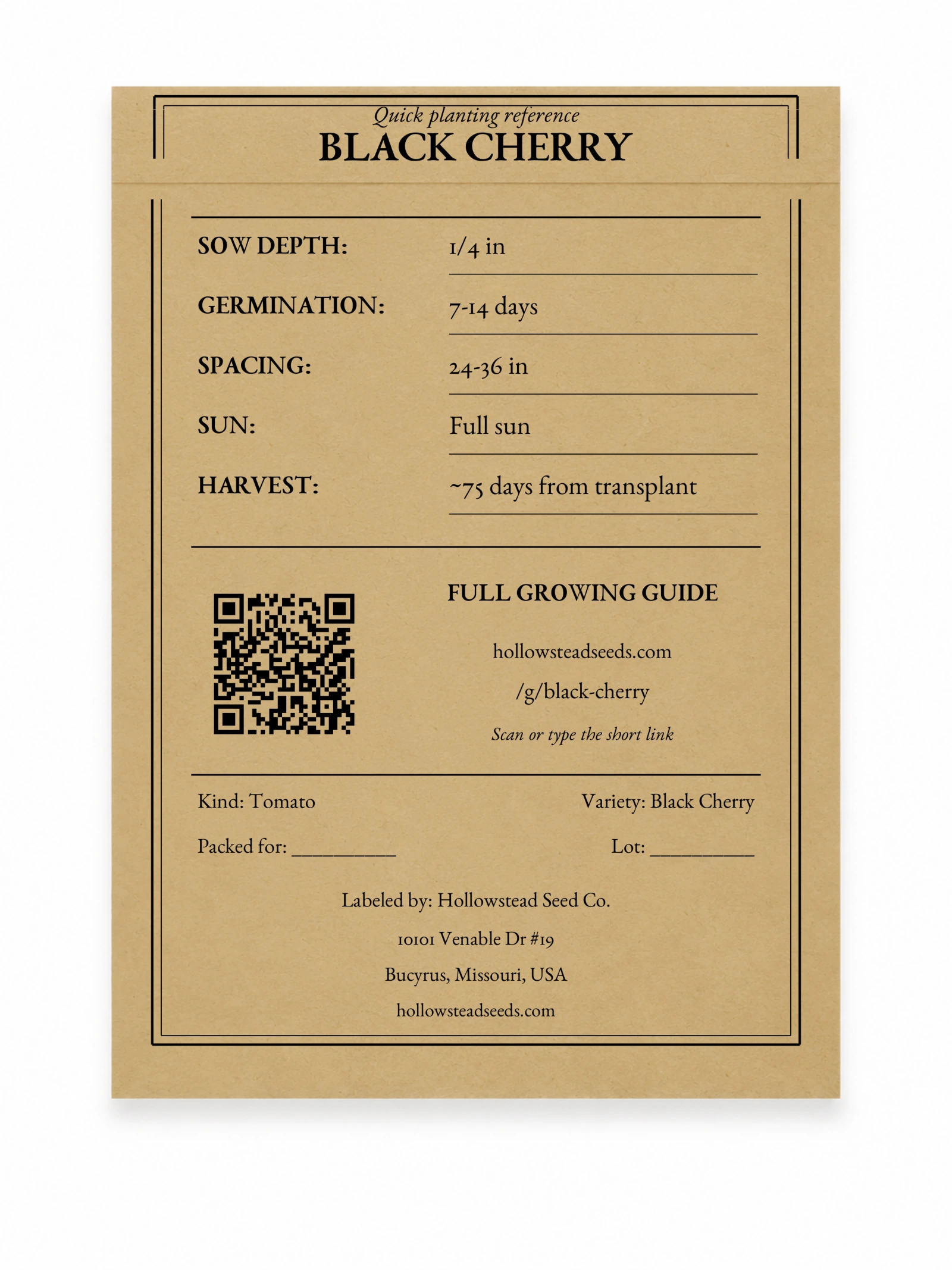 Black Cherry Tomato Seeds - kraft packet back with planting instructions and growing-guide QR code