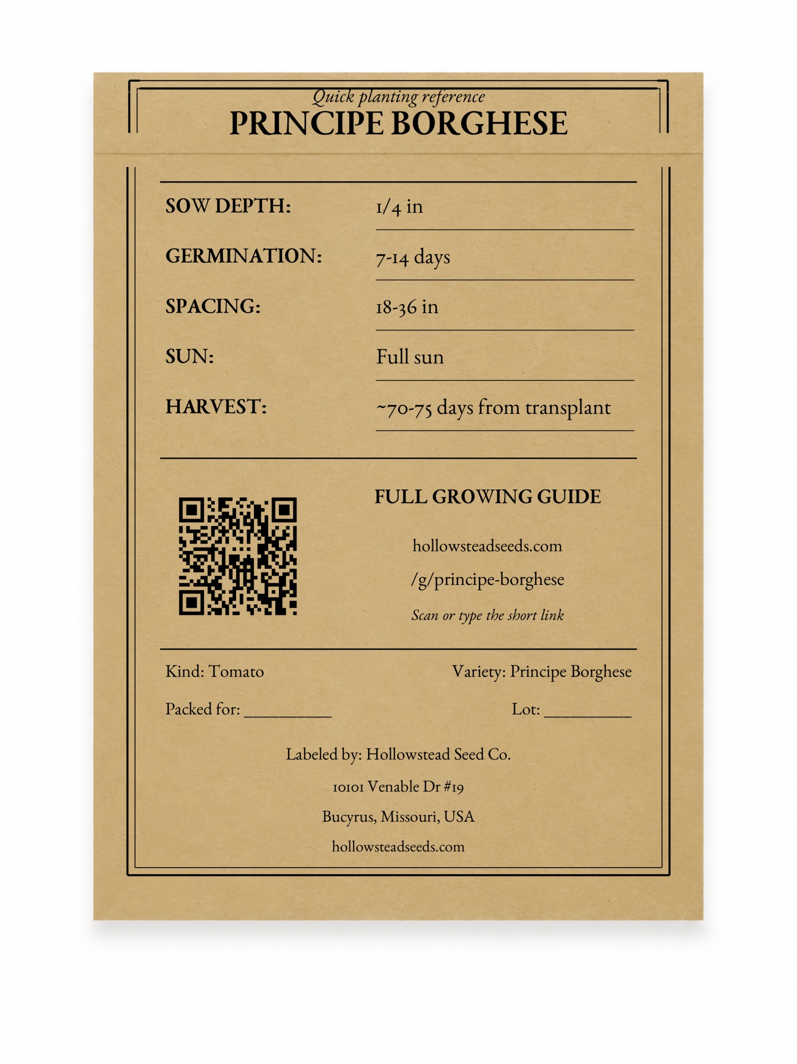 Principe Borghese Tomato Seeds - kraft packet back with planting instructions and growing-guide QR code
