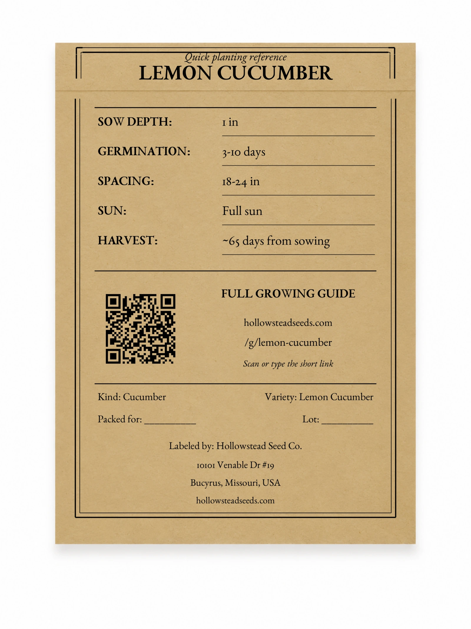 Lemon Cucumber Seeds - kraft packet back with planting instructions and growing-guide QR code
