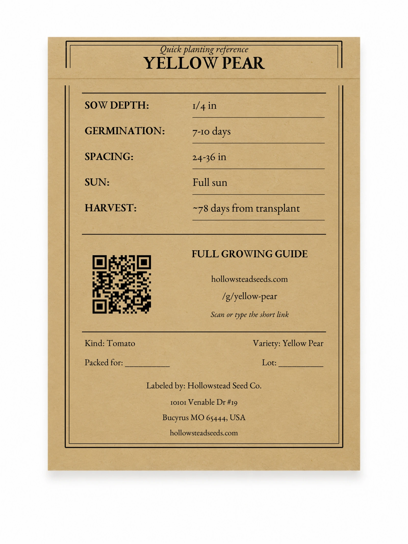 Yellow Pear Tomato Seeds - kraft packet back with planting instructions and growing-guide QR code