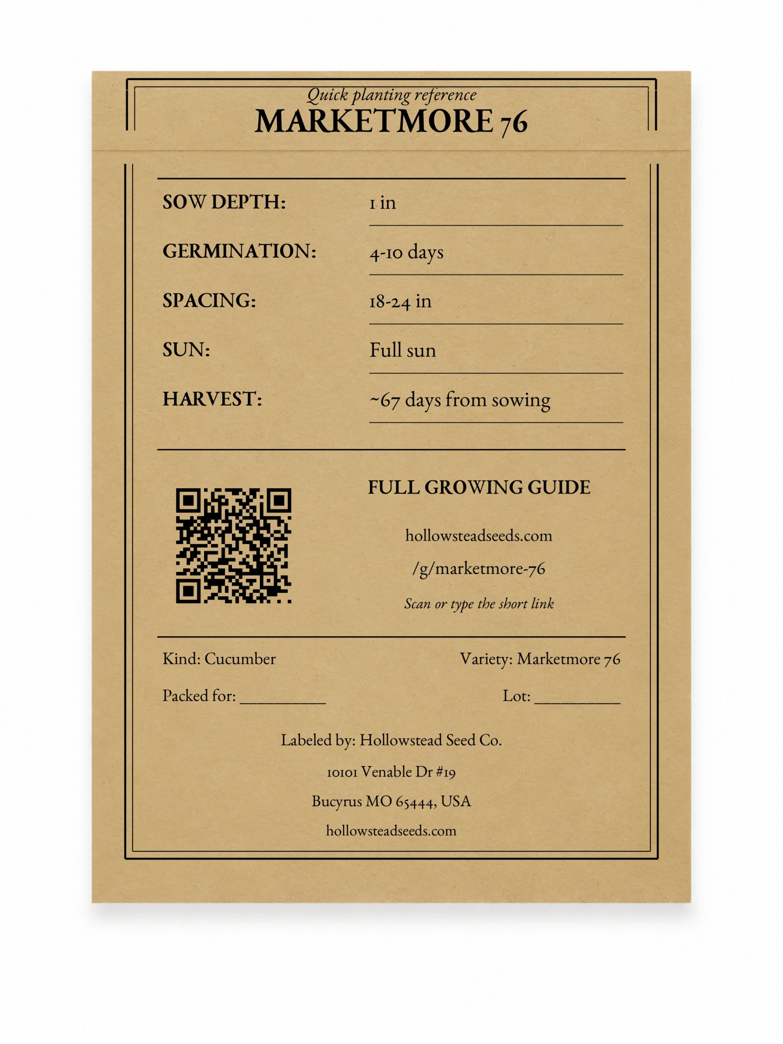 Marketmore 76 Cucumber Seeds - kraft packet back with planting instructions and growing-guide QR code