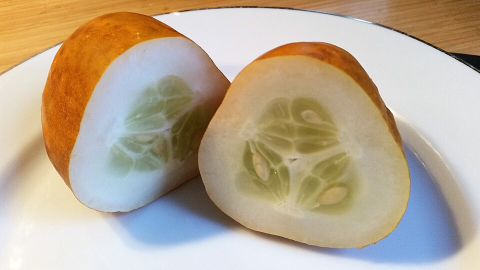 Cut, deeply yellow-orange Lemon cucumber with developed seeds.