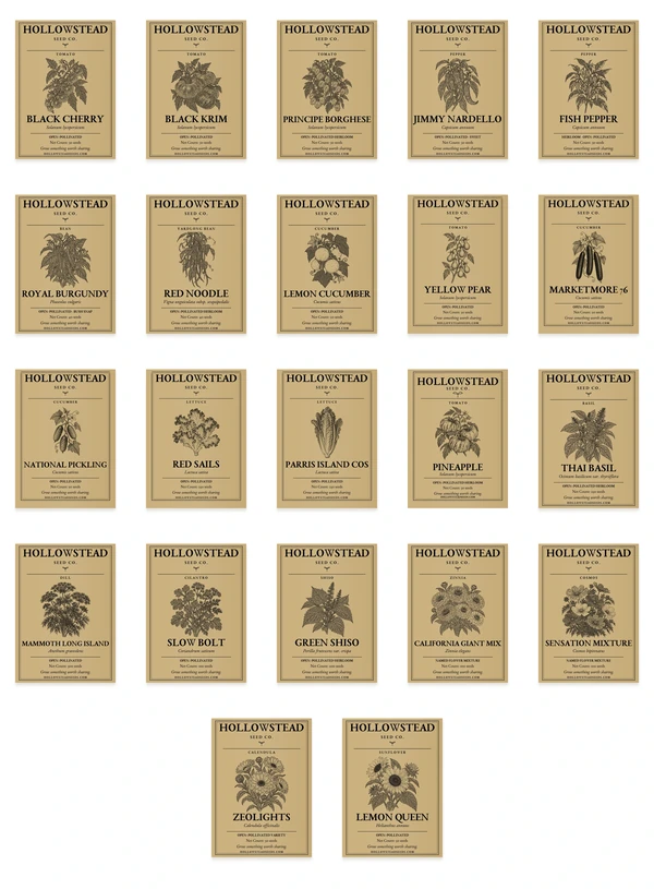 The Complete Hollowstead Collection — all 22 included kraft seed packets